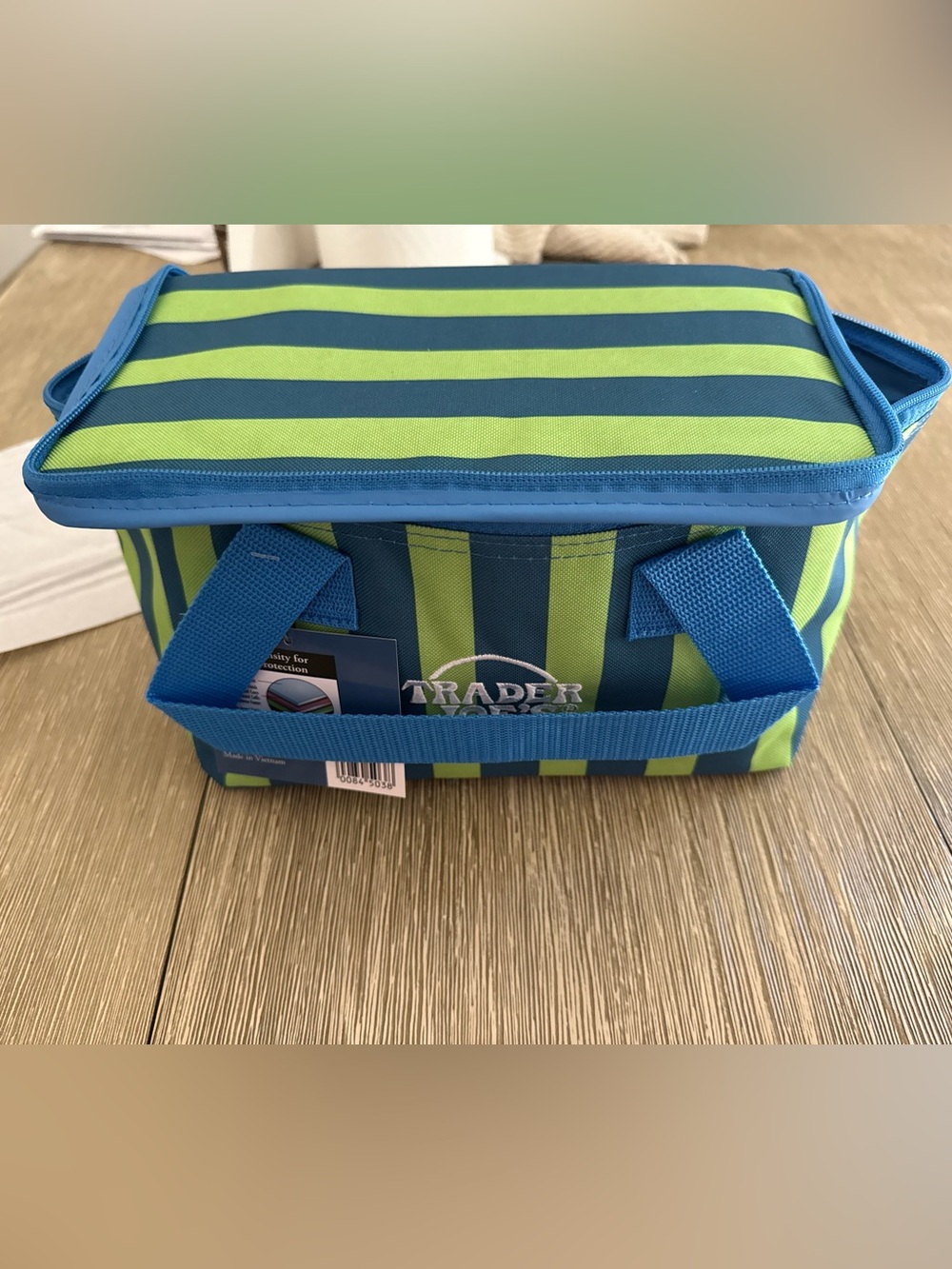 Trader Joe's Blue & Lime Green Striped Lunch Tote